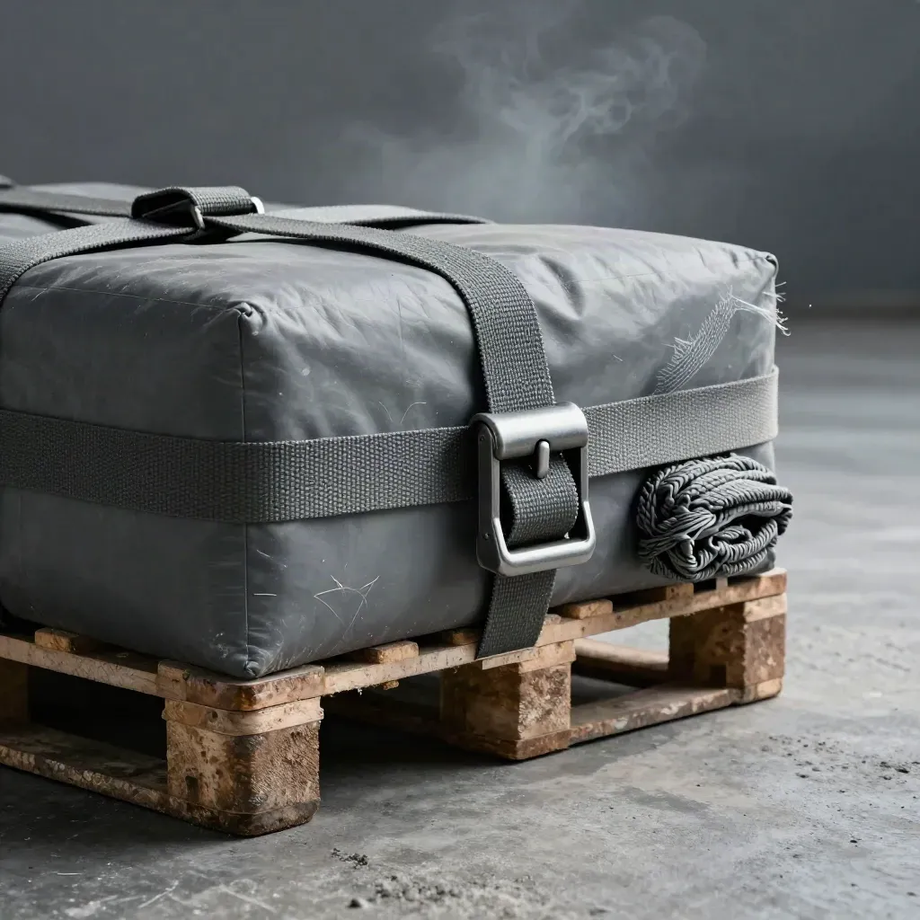 Close freight bundle with strap buckle, pallet corner, mesh wrap and dock haze on concrete.
