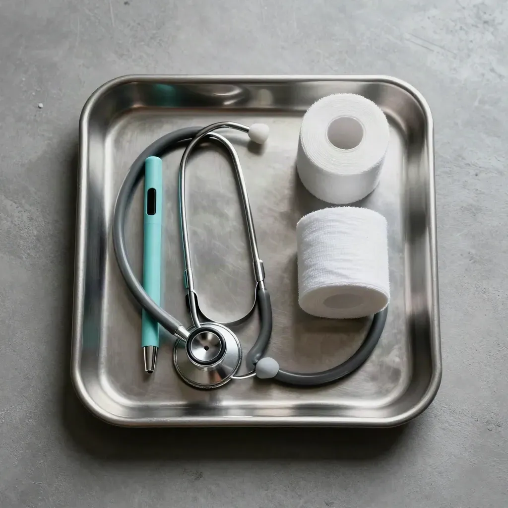 Top-down clinic kit with stethoscope, teal penlight, gauze rolls, and steel tray on cool concrete.