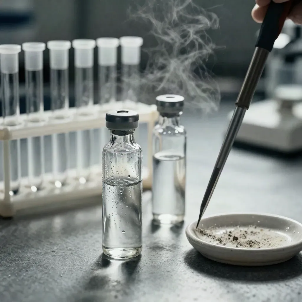 Macro lab still life of vials, tube rack, pipette stand, and weighing dish on stone.