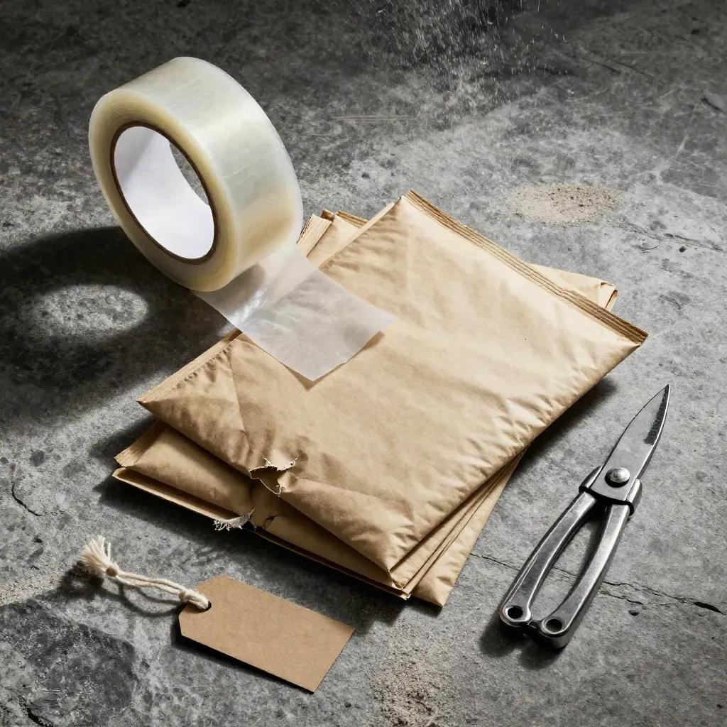 Overhead of packing tools: tape roll, kraft mailers, tag strings and box cutter on stone.