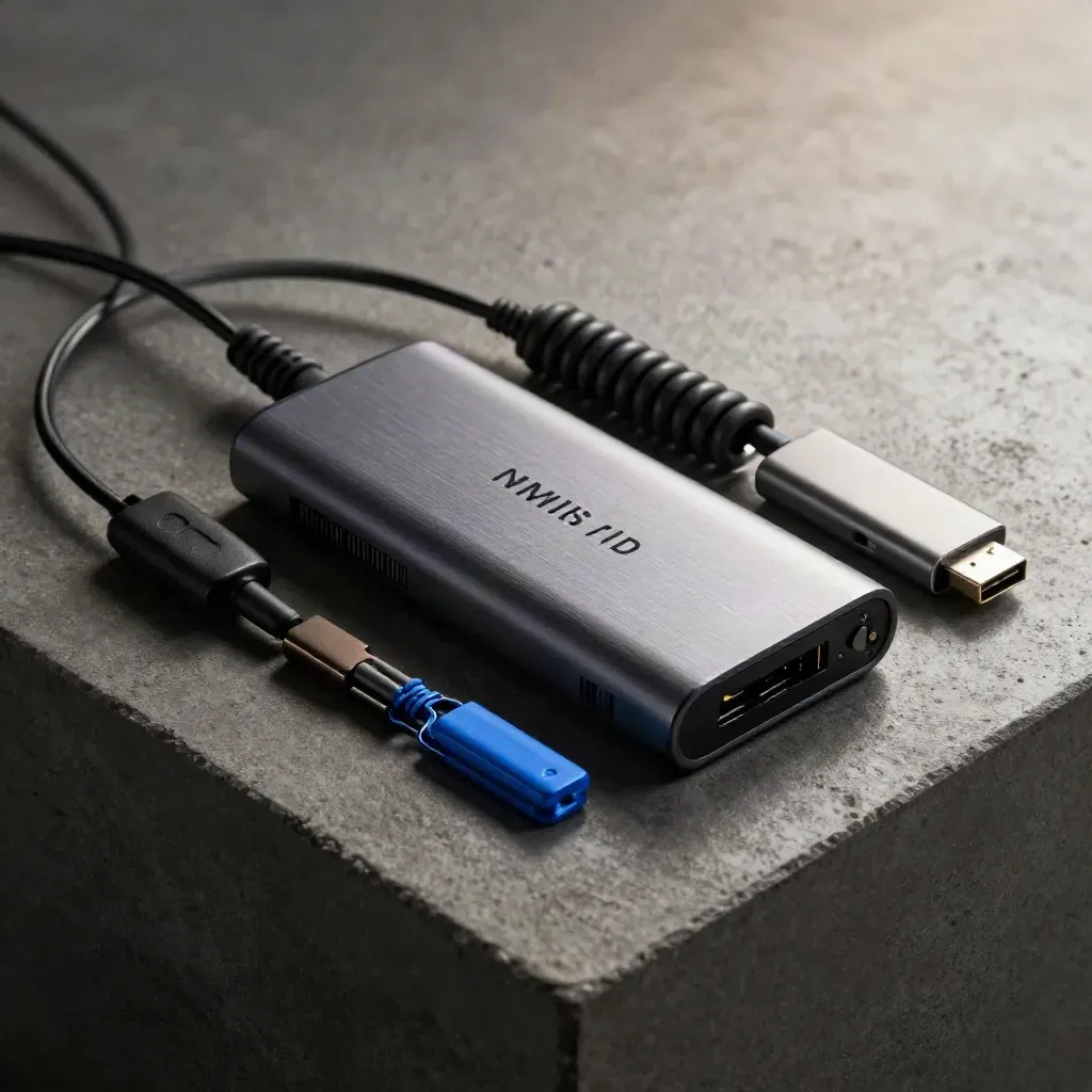 USB hub, braided cables, thumb drive, and clips on a dark concrete slab.