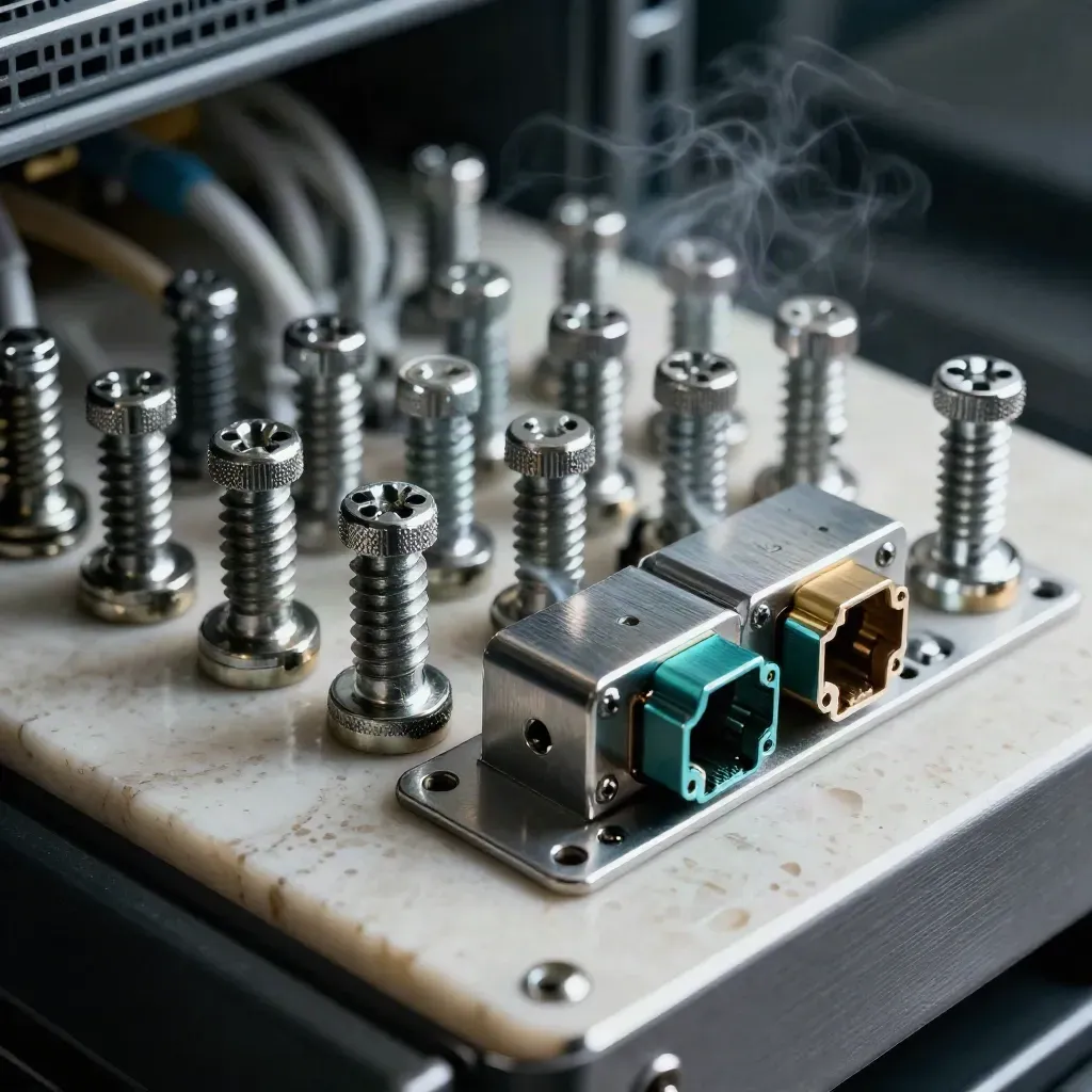 Fiber connectors and server rack screws on brushed metal with a teal accent.