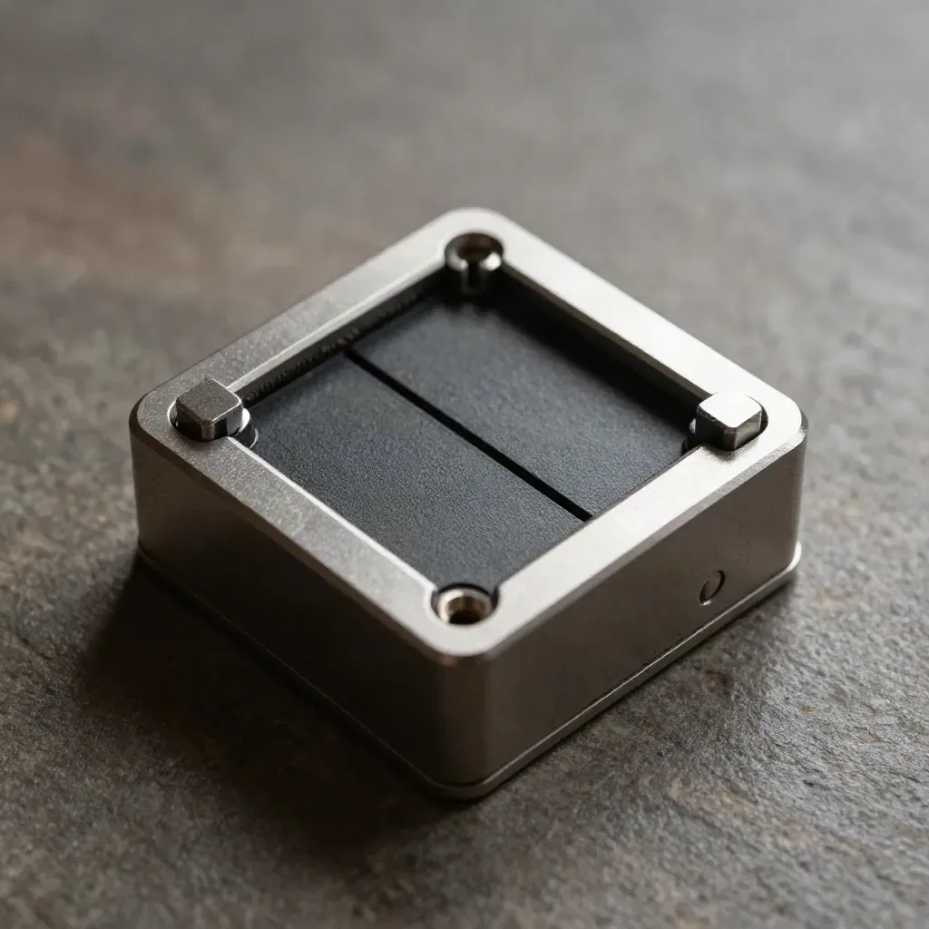 Macro of a metal intercom module with bezel, cable channels, and spacer blocks on stone.
