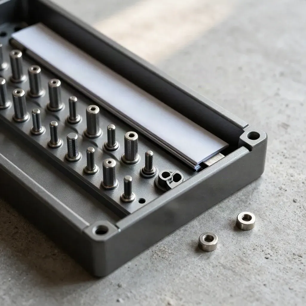 Macro flat lay of a queue tray, routing pegs, junction block, and envelope feeder on concrete.