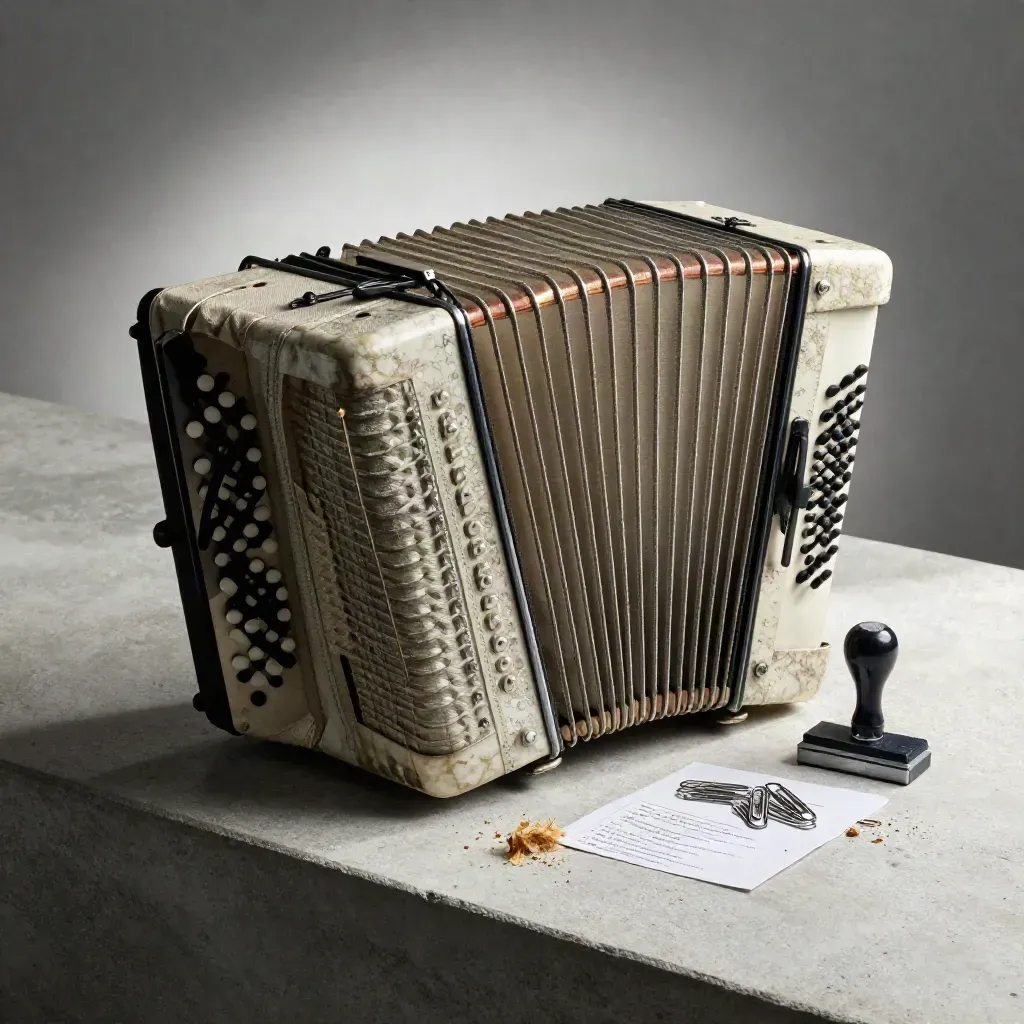 Accordion file tray, metal tabs, rubber stamp and paper clips on a concrete surface.