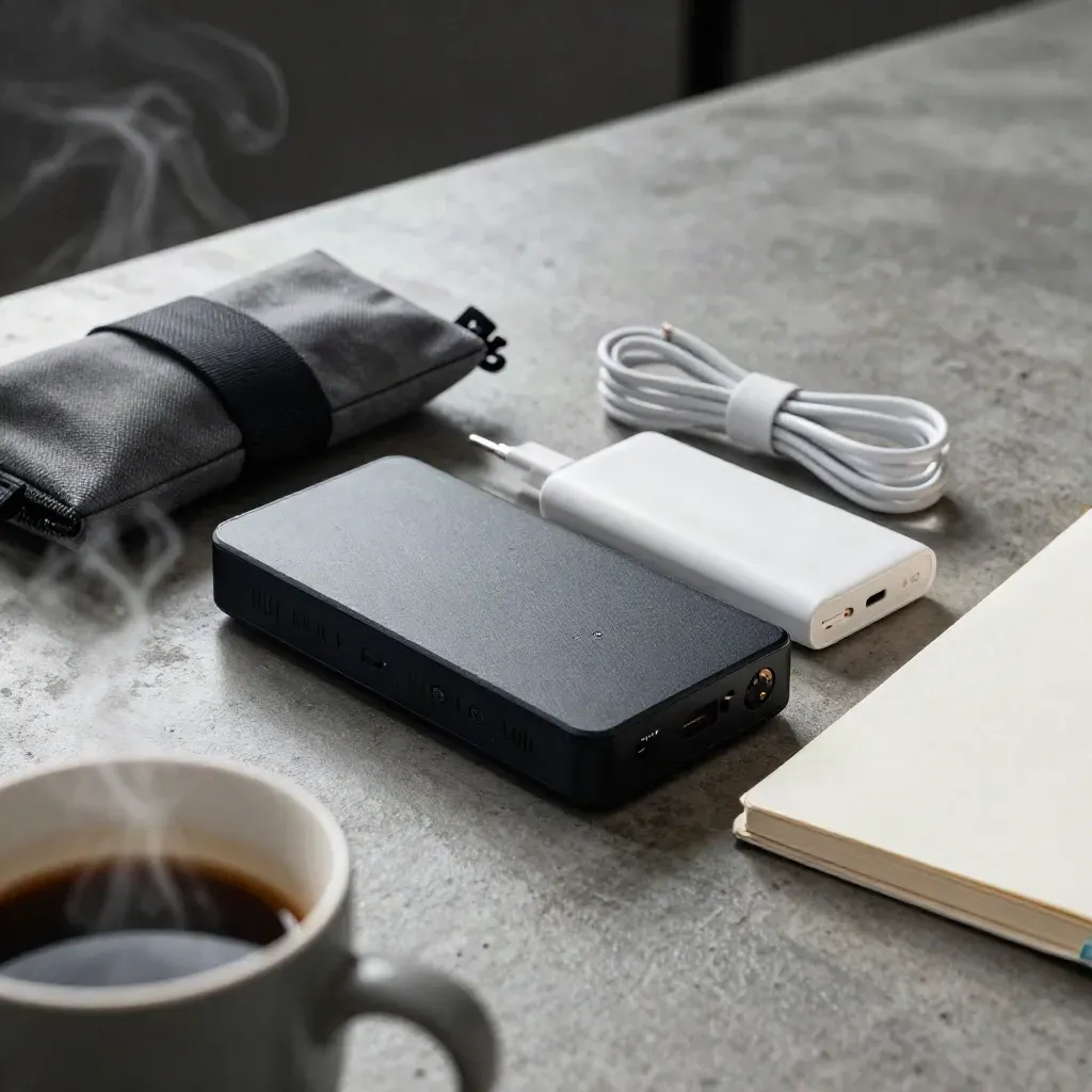 Startup launch essentials beside a steaming mug, packed tight on a concrete counter.