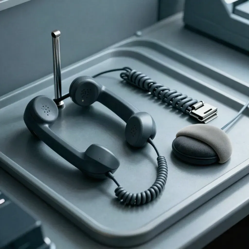 Top-down support still life with headset stand, handset, cable rail and mic cover in cool haze