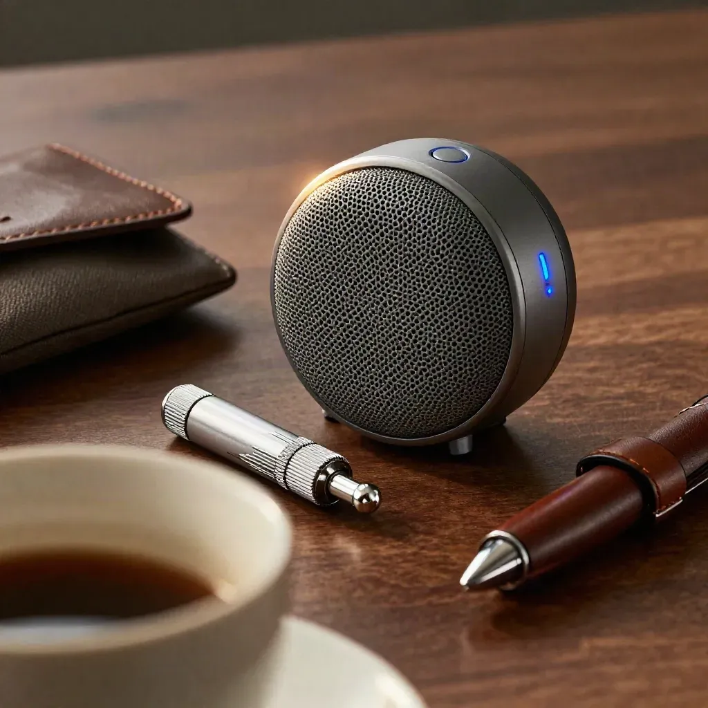 Speakerphone, demo clicker, adapter pouch, and pen case in a macro conference-room still life