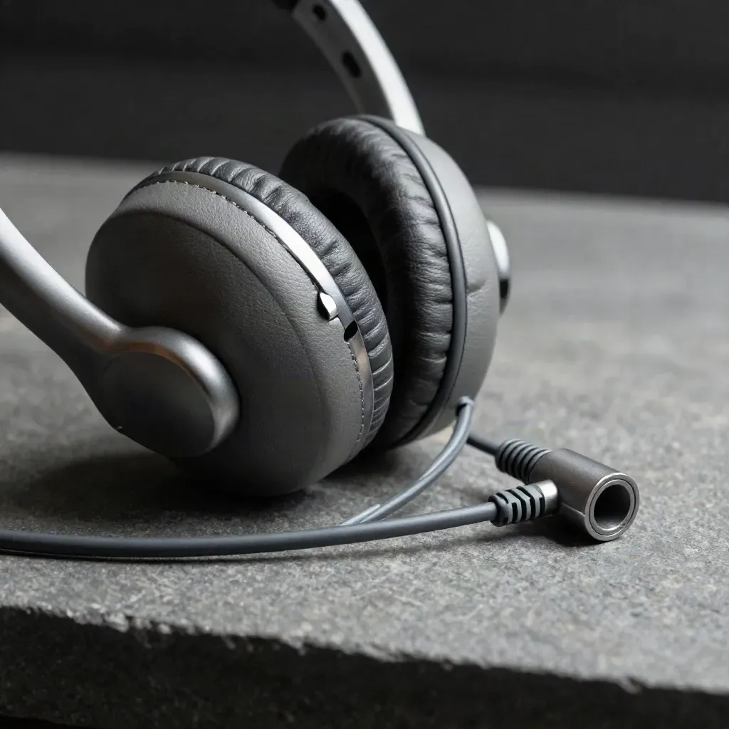 Headset earcup, coiled cable, and routing puck on brushed stone, close up.