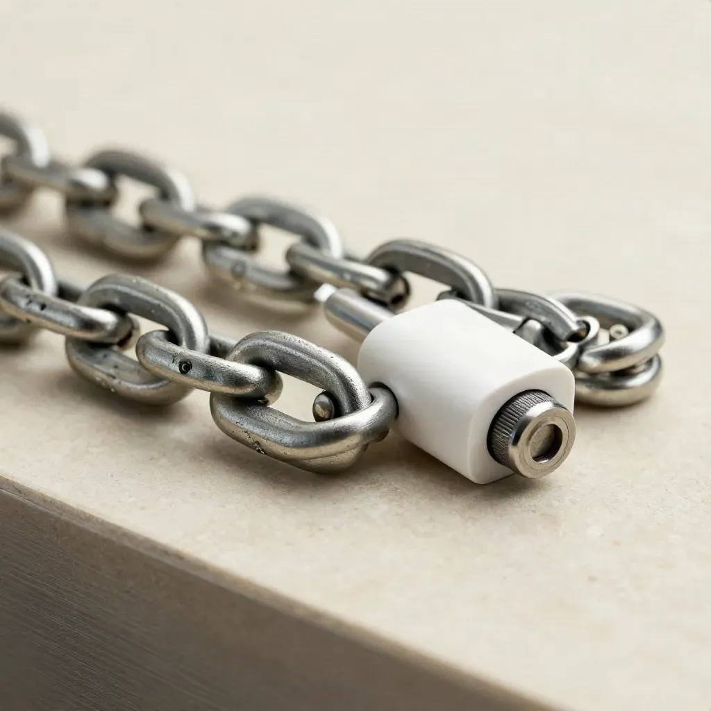 Aluminum links and a magnetic bridge block on pale stone, lit with dramatic studio light