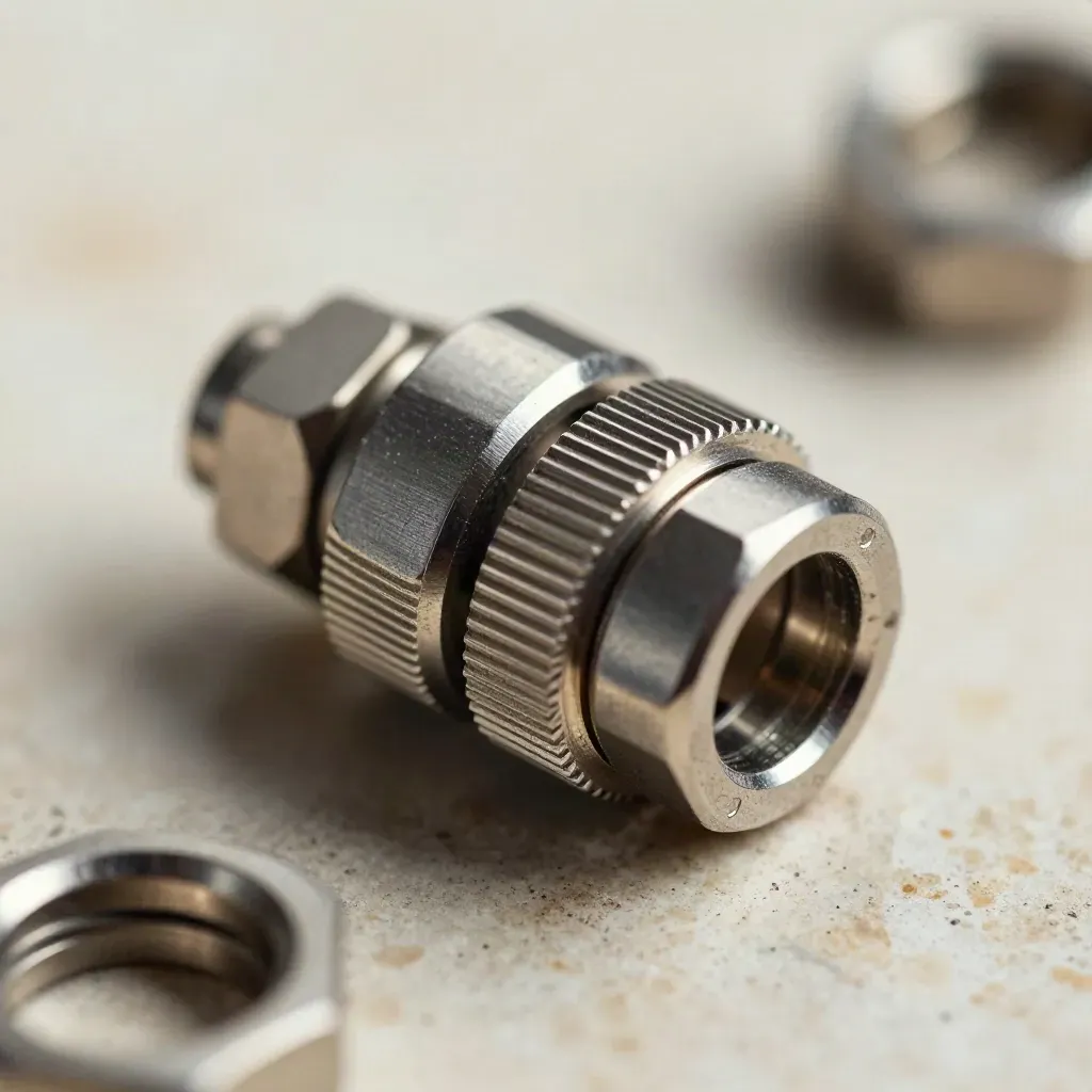Macro view of aligned metal connectors and ring posts on a pale stone surface.