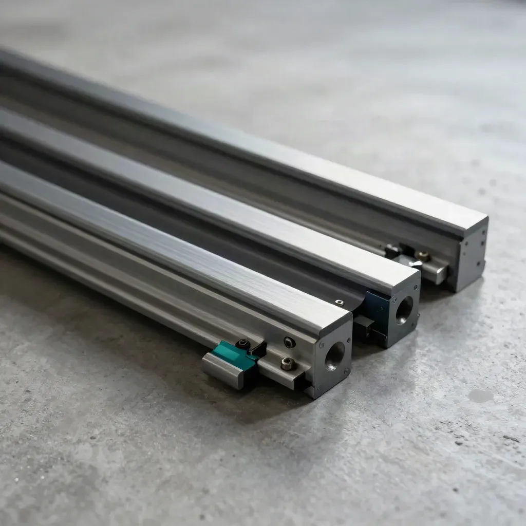 Graphite rail modules and a corner joint assembling across cool concrete with a teal accent