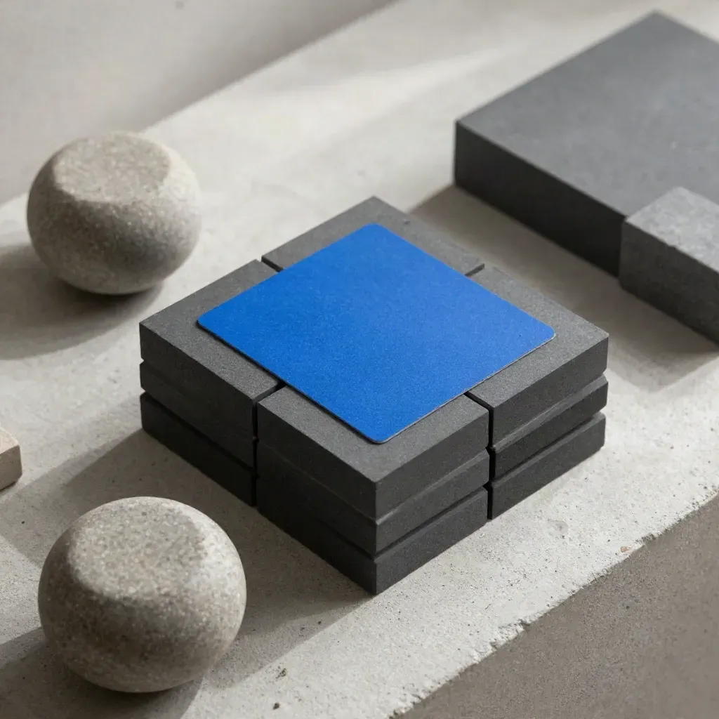 Top-down still life of graphite blocks, stone weights and a blue spacer on pale concrete.