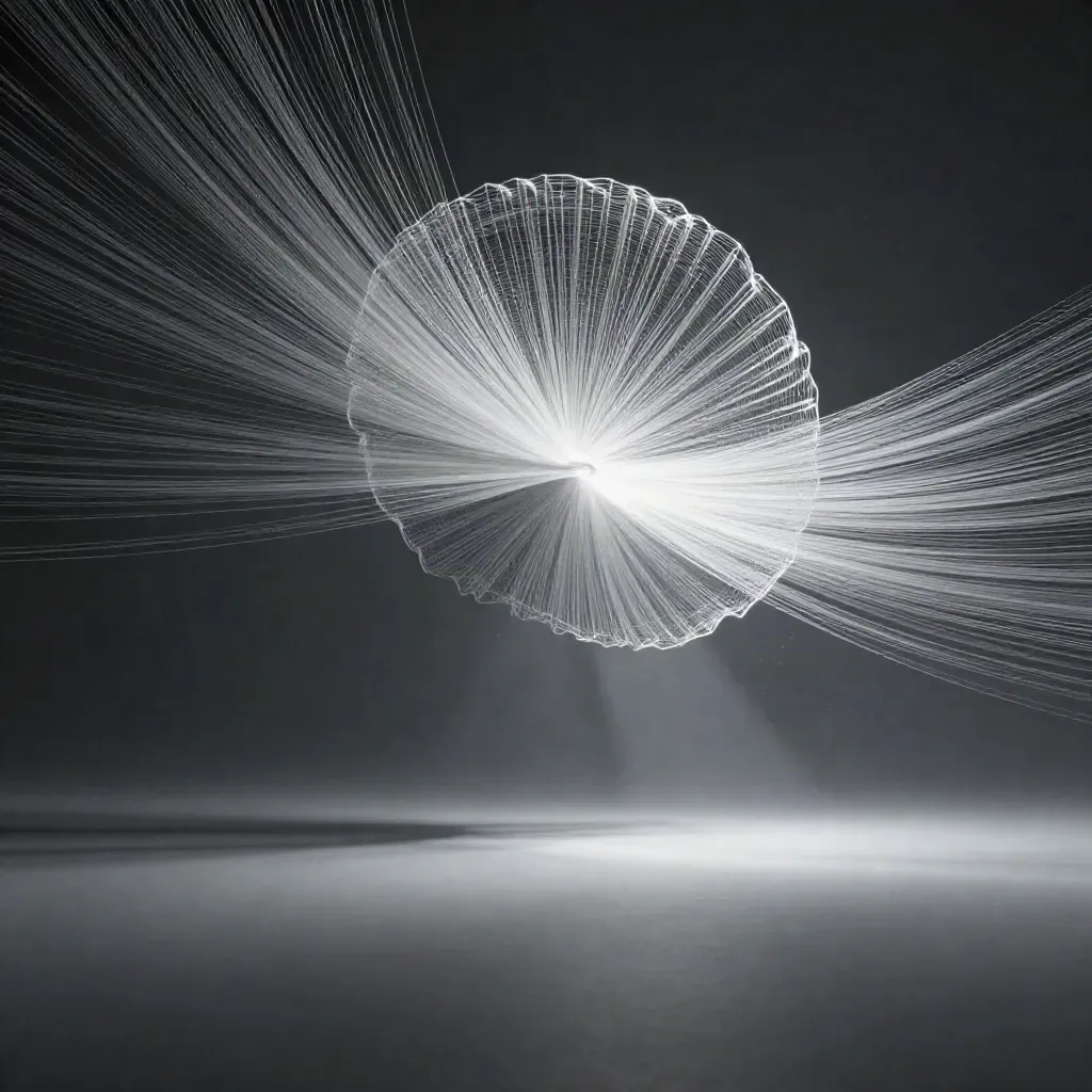Silver light filaments converge into a white bloom in a dark graphite void, with calm copy space.